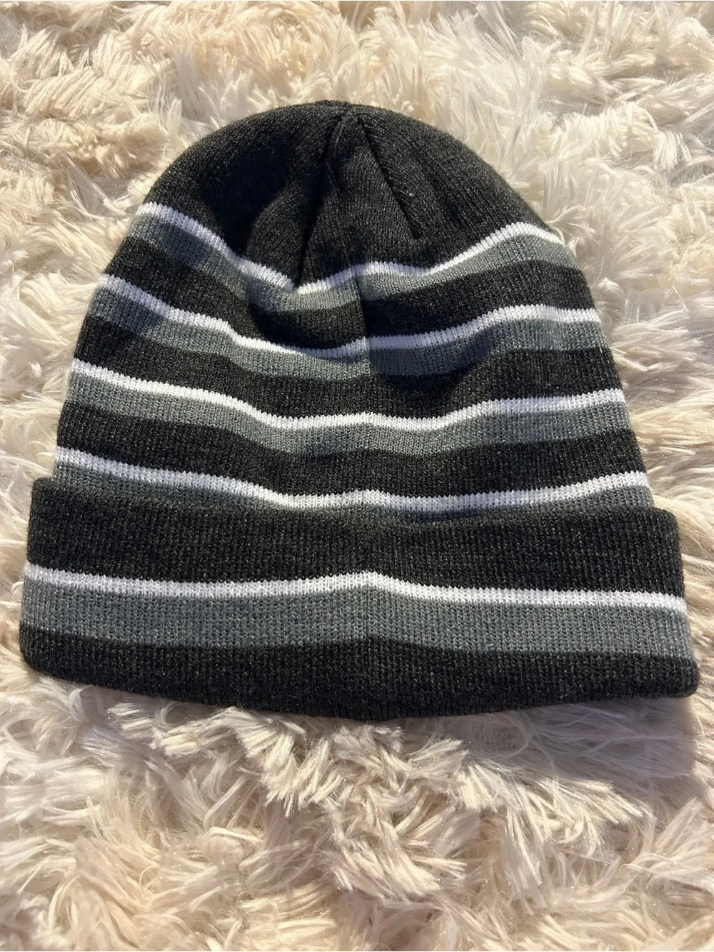 Nike Black, Dark Gray and White Striped Cuffed Beanie